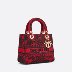 MEDIUM LADY D-LITE BAG Red and Black Ornamental Cornely-Effect Embroidery